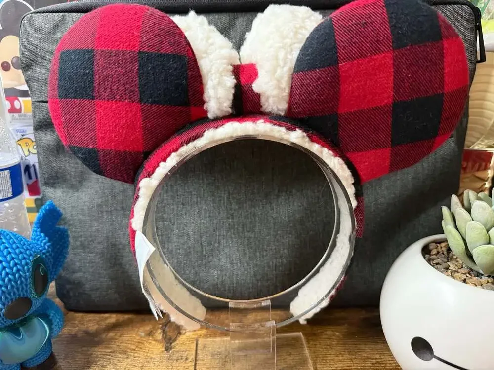 EUC Disney Parks Lumberjack Red Black Buffalo Plaid Ear Headband with Sherpa Bow
